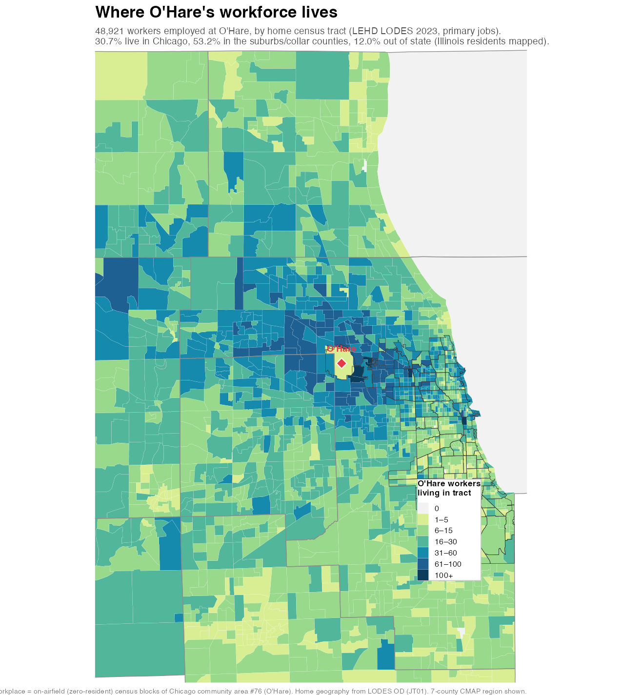 Choropleth map of the Chicago region showing where O'Hare's ~49,000 workers live by home census tract. The densest clusters ring the airport and run down Chicago's Northwest Side, thinning with distance across the suburbs.